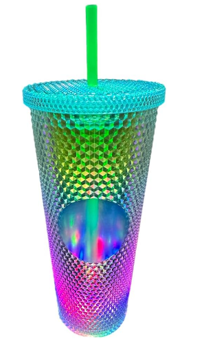 Vaso con luces led texturizado de diamante capacidad 710ml para bebidas frias y calientes, incluye popote y tapa con sello antiderrame